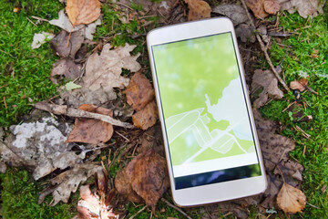 map on smartphone screen, satellite navigation in the forest