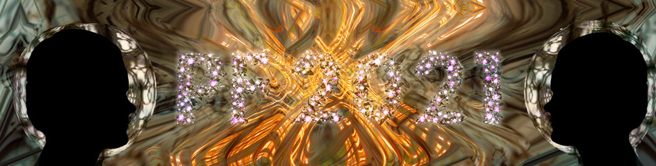 Happy new year 2021 card design with head silhouette. Happy new year 2021. Glowing font on an abstract background. Coronavirus themed font. Social distance. Covid 19 happy new year theme.
