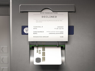 ATM machine and receipt with text declined for insufficient funds on account. - obrazy, fototapety, plakaty