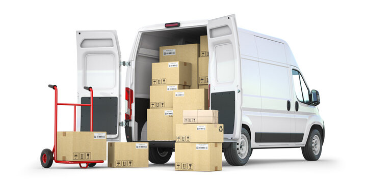 Delivery van with open doors and hand truck with cardboard boxes isolated on white background. Delivery and shipping concept.