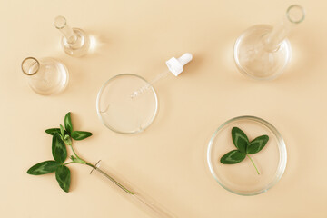 Laboratory glassware and pipette with serum and oil on beige background. Natural medicine, cosmetic research, bio science, organic skin care products. Concept skincare. Dermatology.Flat lay, top view.