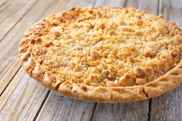A view of an apple crumble pie.