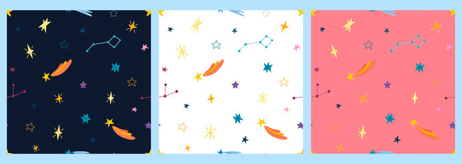 Naklejka premium A set of vector patterns with stars and constellations on a colored background. Children's illustration for fabrics, packaging, gifts.