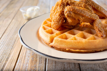 A view of a plate of chicken and waffles.