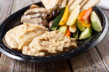 A closeup view of a mezze platter assortment.