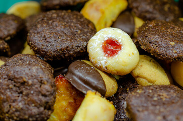 Homemade mix of christmas cookies with dark chocolate