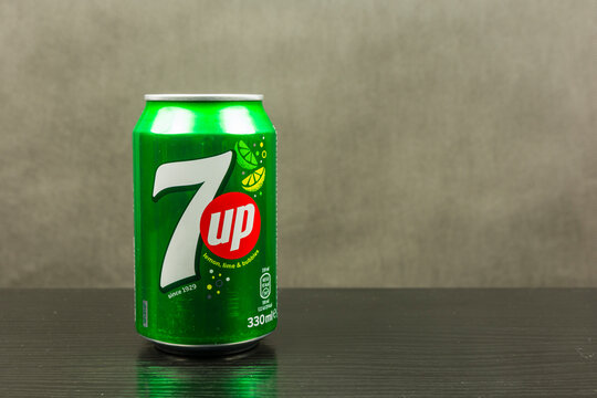 Niedomaice, Poland - March 06, 2018: 7up non-caffeinated soft drink of lemon-lime flavored.