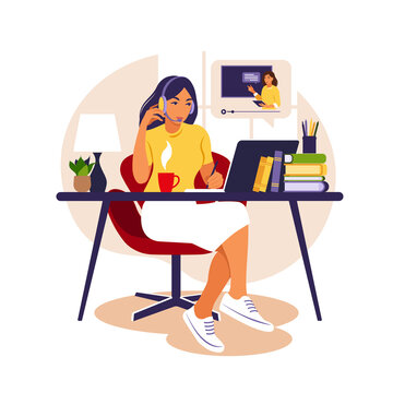 Girl study at computer. Online learning concept. Video lesson. Distance study. Can use for web banner, infographics, hero images. Vector illustration. Flat style.