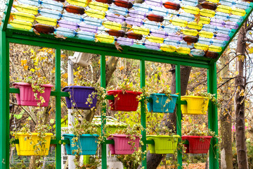 Flower planters under plastic bottle shade in a park on a fall day, Tehran, Iran