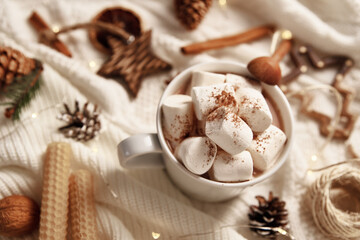 Cup of hot chocolate with marshmallow and christmas decorations. Winter cozy home concept