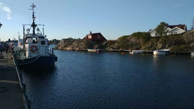 View on landscape near Hollen village bay at summer autumn weather, Norway
