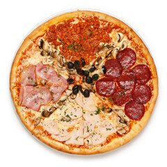 Whole pizza with four different type of toppings, isolated on white background