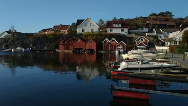 View on landscape near Hollen village bay at summer autumn weather, Norway