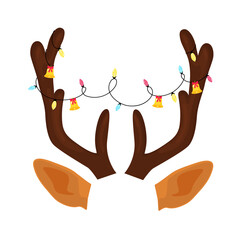 Reindeer antlers with Christmas light garland and bells. Funny selfie photo mask