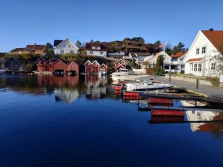 View on landscape near Hollen village bay at summer autumn weather, Norway