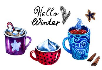 Winter illustration with three cups with hot drinks and lettering Hello winter. Watercolor isolated elements on white background. Christmas and New Year-2021 collection.