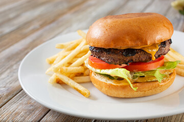A view of a cheeseburger on a plate.