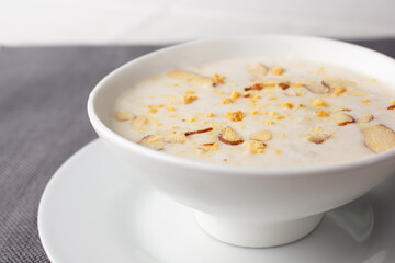 A closeup view of a bowl of rice pudding.