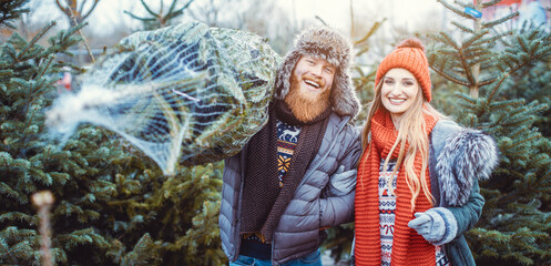 Man and woman having bought a Christmas Tree