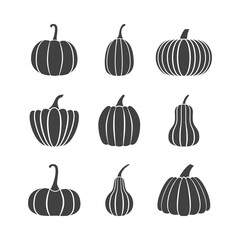 Pumpkins glyph icons set. Elements for your design works. Symbols isolated on white background. Halloween. Thanksgiving Day. Vector illustration.