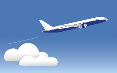 Passenger plane flying above clouds in blue sky