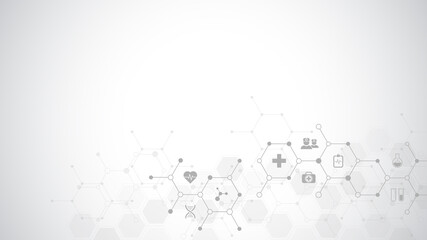 Medical background and healthcare technology with flat icons and symbols. Design template of concept and idea for health care business, innovation medicine, health safety, science.
