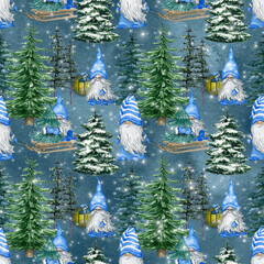 Watercolor cute blue gnomes with  lantern, sled and christmas tree. Scandinavian dwarfs on blue background. Winter holiday. Tiled background