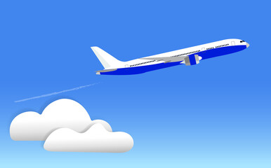 Passenger plane flying above clouds in blue sky