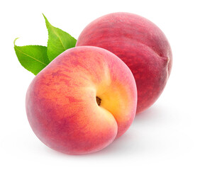 Isolated peaches. Two fresh peach fruits with leaves on white background