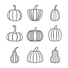 Pumpkins outline icons set. Elements for your design works. Symbols isolated on white background. Halloween. Thanksgiving Day. Line art vector illustration.