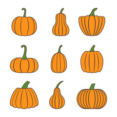 Pumpkins color icons set. Elements for your design works. Symbols isolated on white background. Halloween. Thanksgiving Day. Vector illustration.