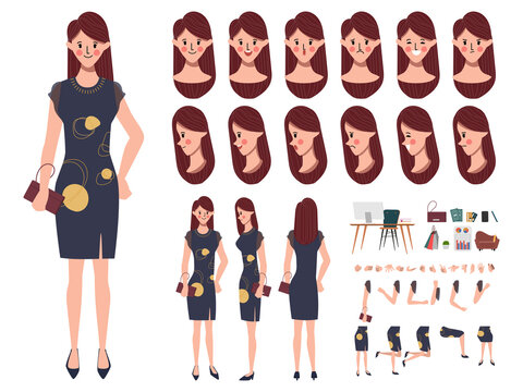 Businesswoman character creation for animation. Animated face emotion and mouth and hair. Set of businesswoman doing job flat design.