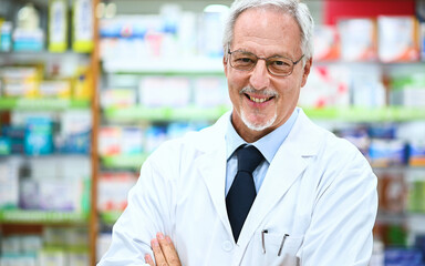 Senior pharmacist smiling in his store