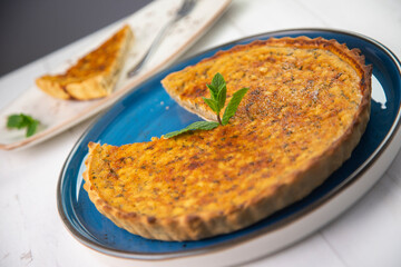 Flaó traditional dessert from Ibiza. The cheesecake is a unique combination of flavors — anise and mint.  The filling is made from fresh cheese (or ricotta and mascarpone), eggs and chopped mint