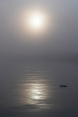 Fototapeta premium Dark, foggy river early in the morning during sunrise