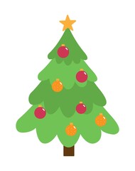 Christmas tree with decorations star flat icon for apps and websites. Decorated pine tree with balls, ribbon and star. Christmas spruce vector illustration
