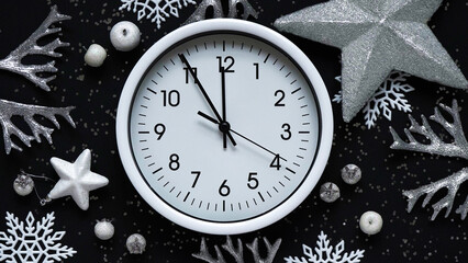 Concept of New Year and Christmas banner. White wall clock among festive decor,stars, silver branches and white snowflakes on a black background, top view, flat lay. Time before New Year and Christmas