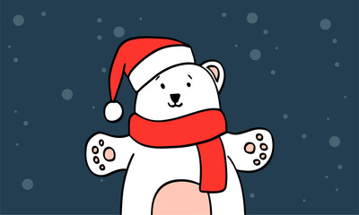 Cute polar bear wishes Merry Christmas and Happy New Year. A hand-drawn white bear wearing a red santa claus hat and a red scarf is cute smiling and hugging. Holiday card vector illustration