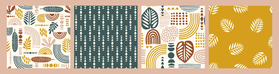 Artistieke naadloze patronen met abstracte bladeren en geometrische vormen. Modern vectorontwerp