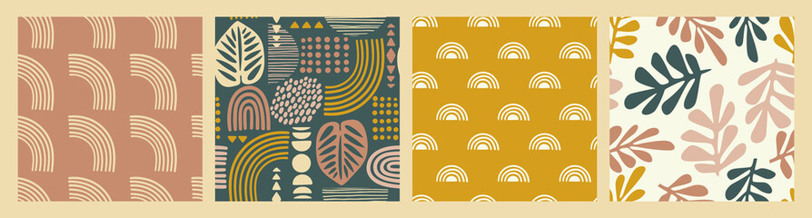 Artistieke naadloze patronen met abstracte bladeren en geometrische vormen. Modern vectorontwerp