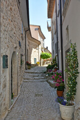Fototapeta na wymiar A narrow street among the old houses of Scontrone, a medieval village in the Abruzzo region, Italy.