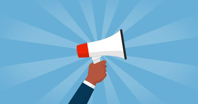 Hand holding a megaphone and sunburst background