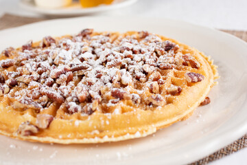A closeup view of a waffle topped with pecan nuts and powdered sugar.