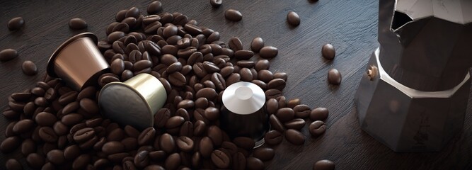 Composition with coffee beans and assorted capsules on rustic wood with Italian coffee maker in the...