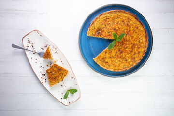 Flaó traditional dessert from Ibiza. The cheesecake is a unique combination of flavors — anise and mint.  The filling is made from fresh cheese (or ricotta and mascarpone), eggs and chopped mint