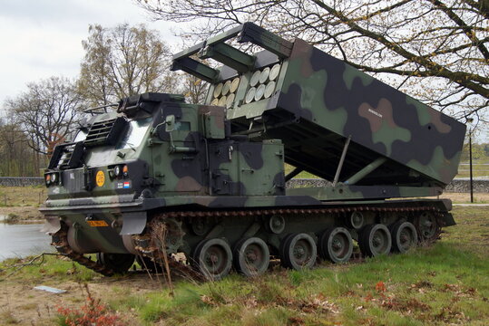 Soest, The Netherlands - April 29, 2016: Royal Netherlands Army Ground Based Air Defense system, Multiple Launch Rocket System (MLRS)