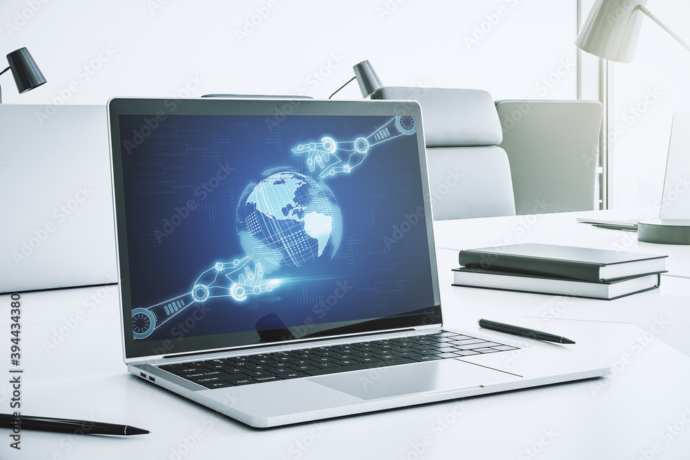 Poster creative abstract robotics technology hologram with globe on modern computer monitor, artificial int