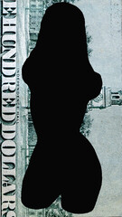 Silhouette of a woman against US Dollar bill as symbol of escort, prostitution and illegal business.