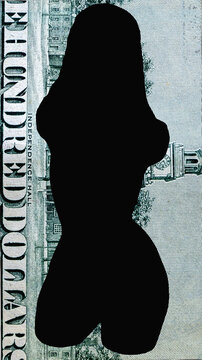 Silhouette Of A Woman Against US Dollar Bill As Symbol Of Escort, Prostitution And Illegal Business.