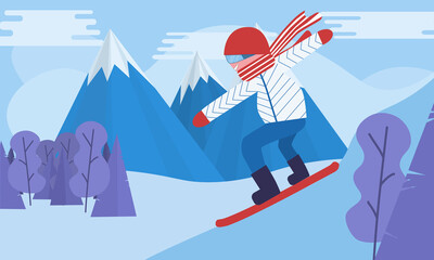 Snowboarding. Snow landscape, winter activities, extreme sports. Vacation in the snowy mountain. Flat illustration.